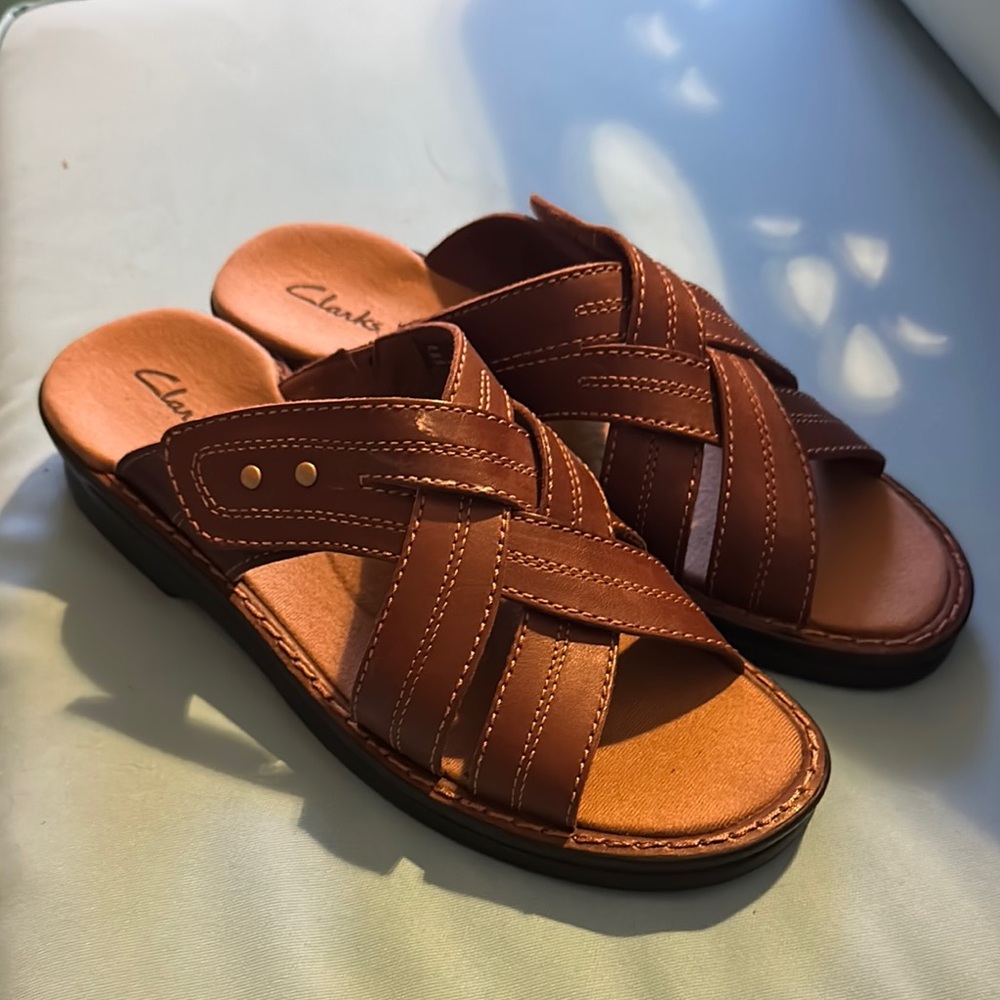 Clarks Brown Leather Sandals with Woven Design